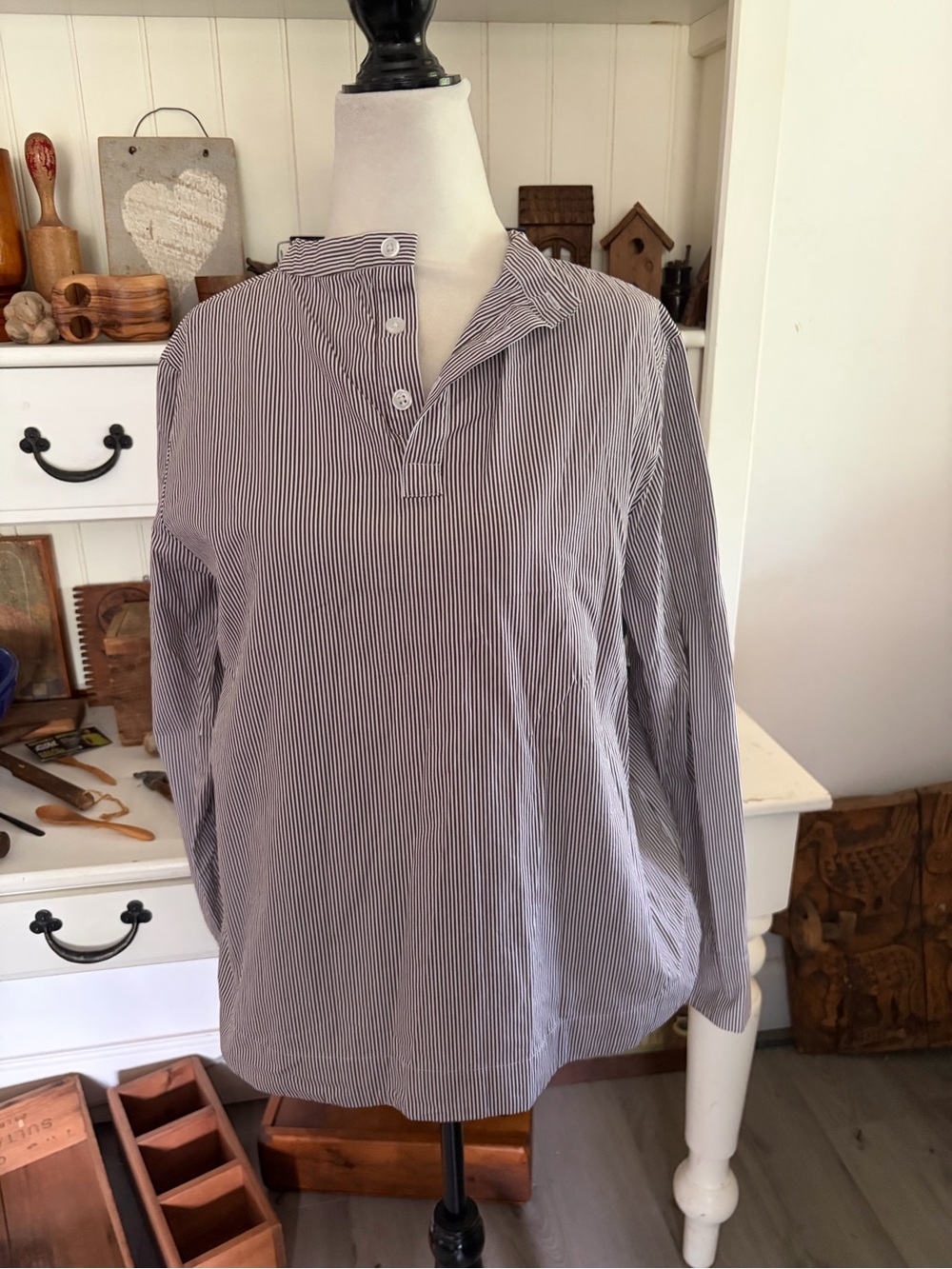 Striped Popover Tunic Shirt - Brown and White